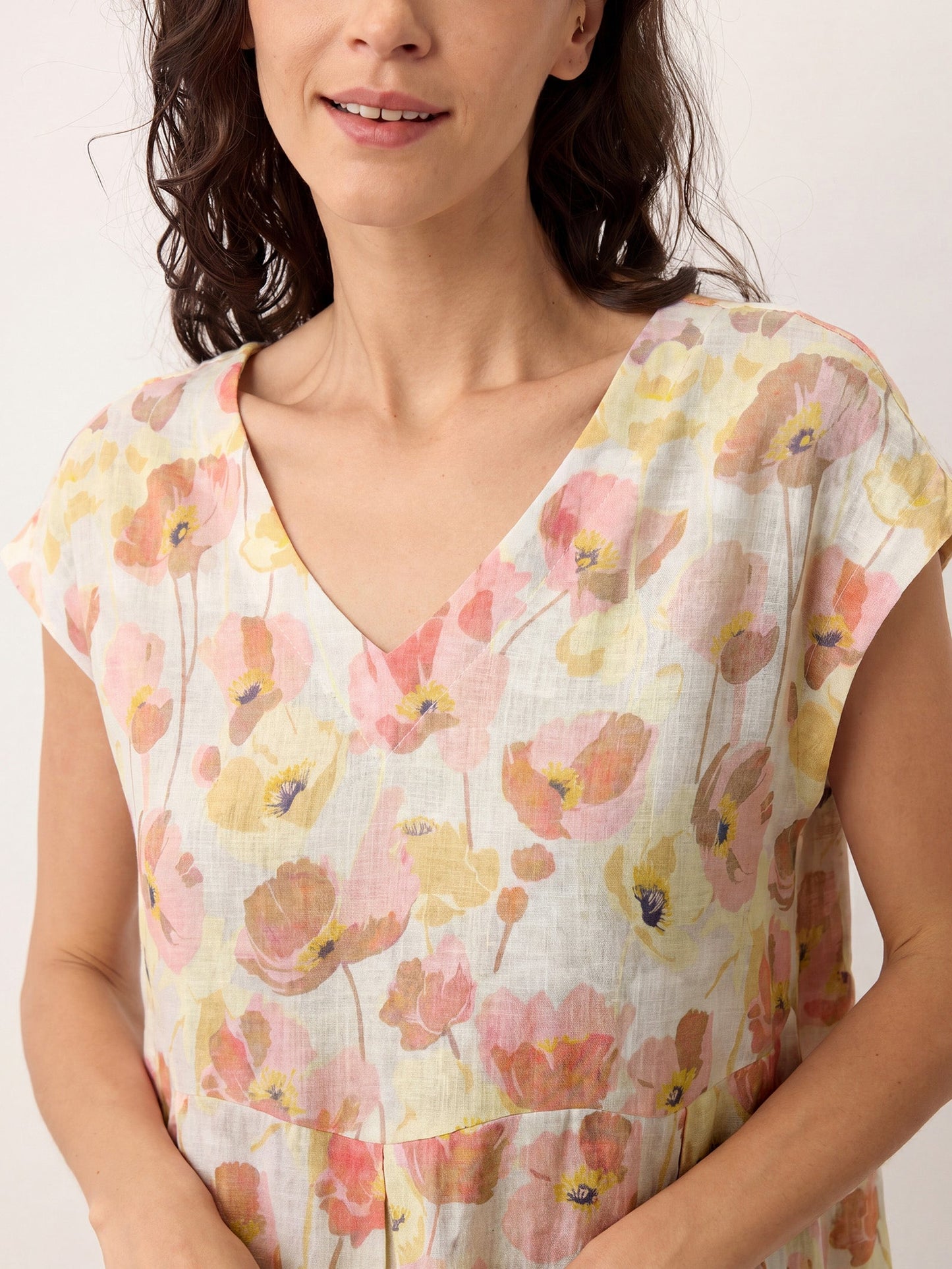 100% Linen Carnation Print Scalloped Waist Maxi Dress HARRIET