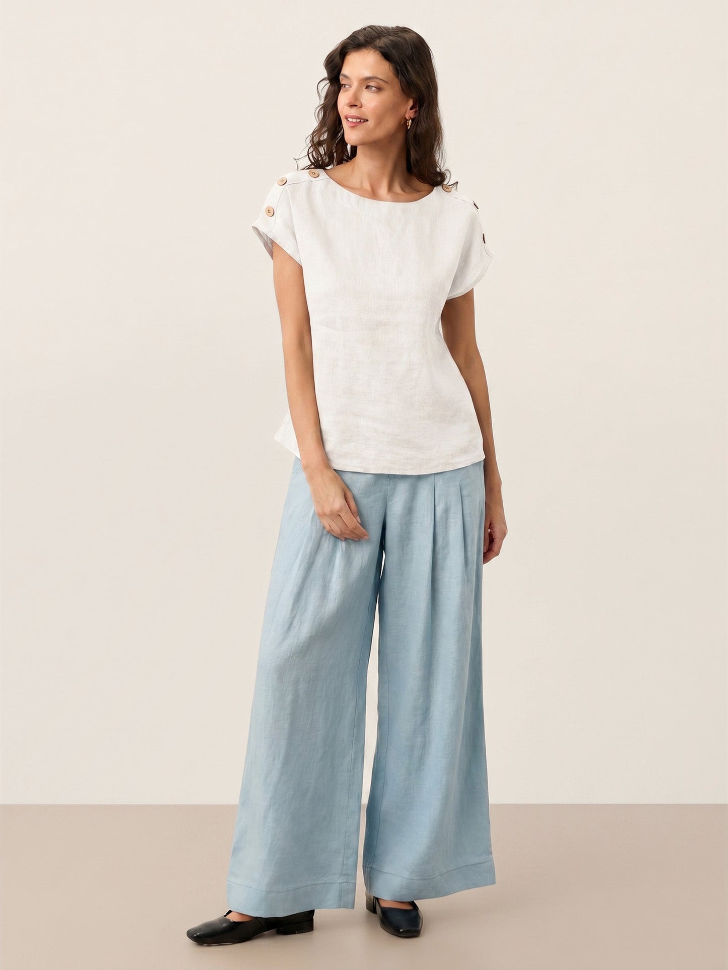 100% Linen Round Neck Button Detail Top ISABELLE