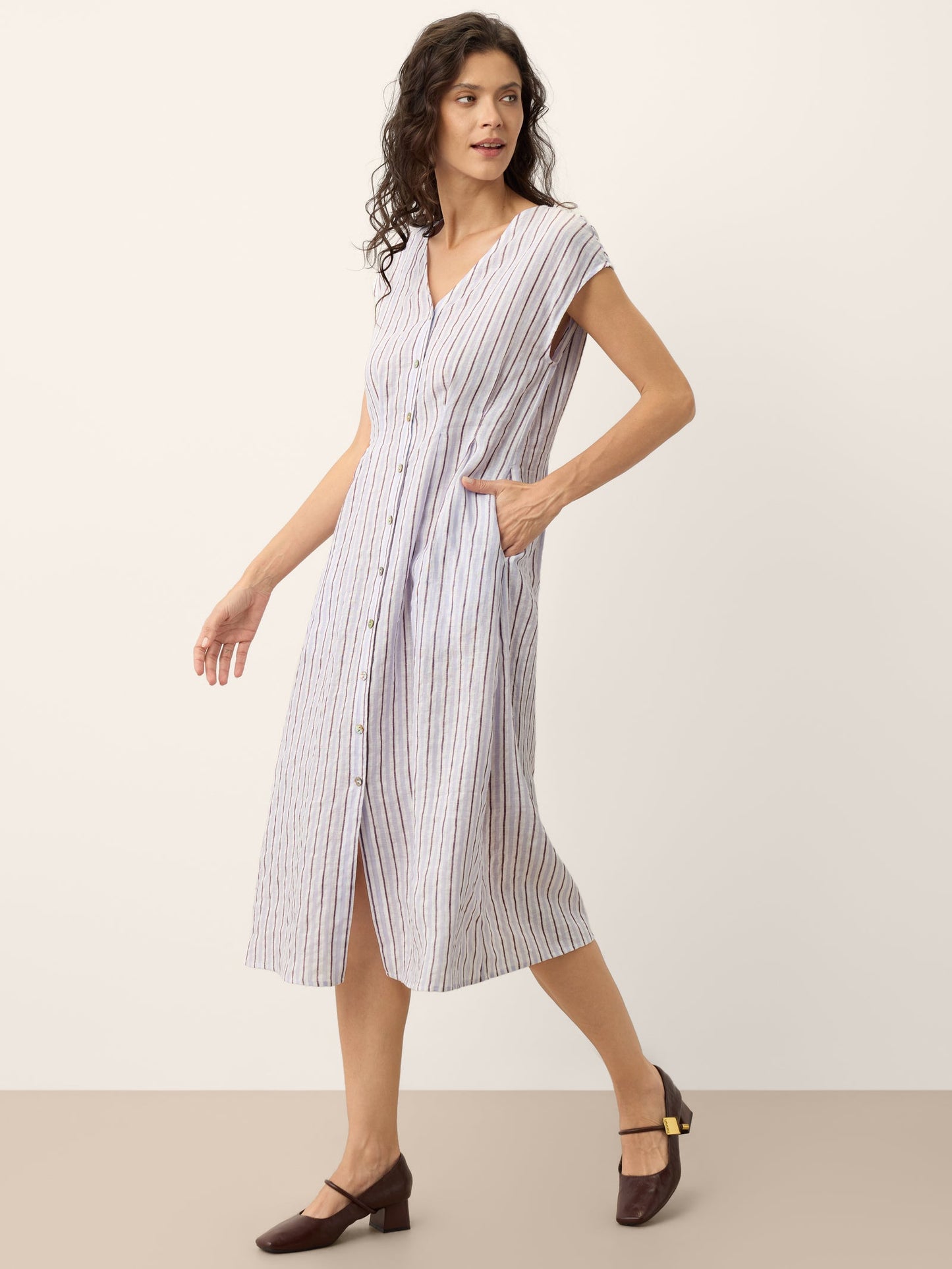 100% Linen Striped Tailored Cap Sleeve Midi Dress AGNES