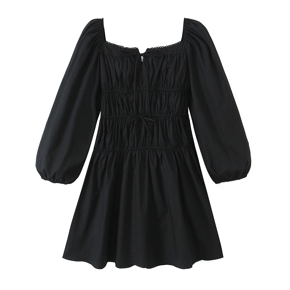 Square Collar Lace Elastic Pleated Waist Tight Ninth Sleeve Spring Slim Fitting Dress