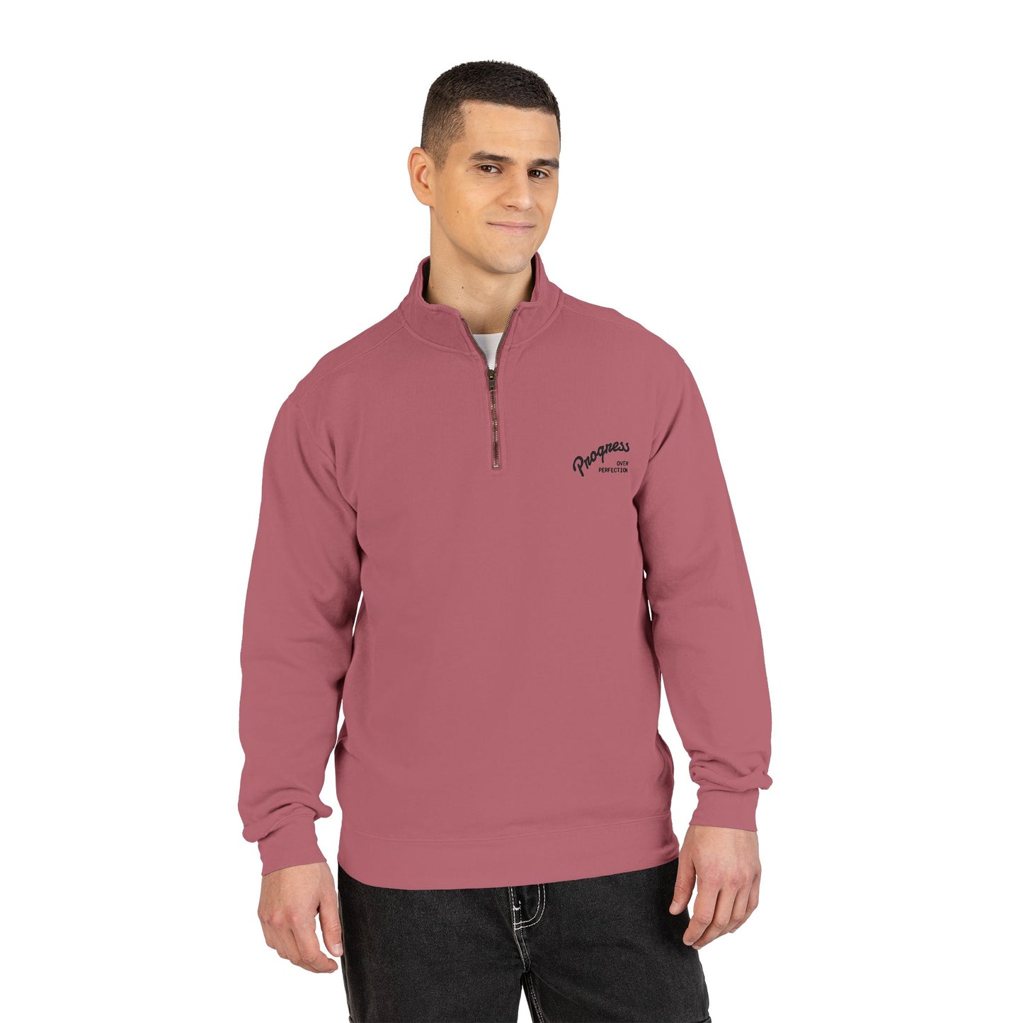 Quarter-Zip Sweatshirt — Minimal 'Progressively' Script Chest Logo