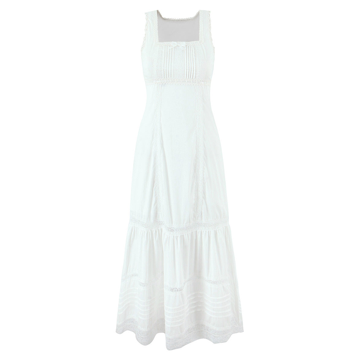 Spring Lace Slim Fit Bow Embellished Square Collar Vest Dress