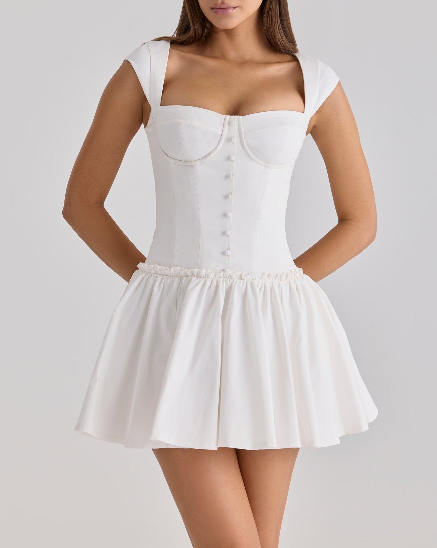 Sweet Romantic Gentle First Love Slim White Dress Design Square Neck Cinched Pettiskirt Dress