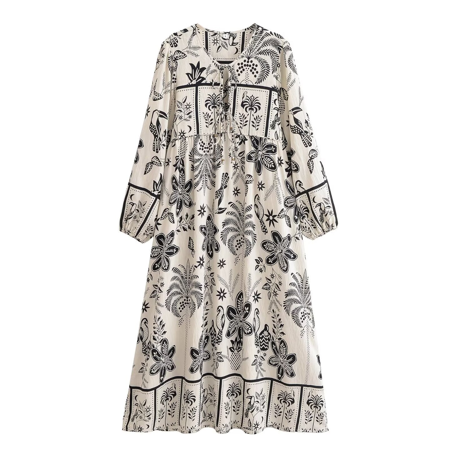 Women Loose Bohemian Flared Dress with Embroidered Tassel Print