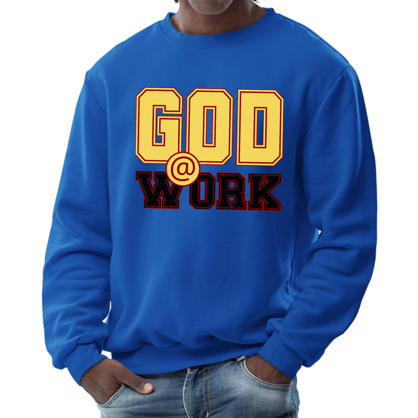 Mens Graphic Sweatshirt - God @ Work Yellow Black and Red Print