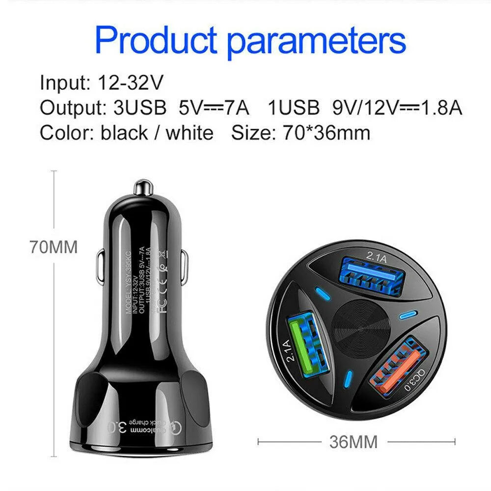 3 Port Fast LED Car Charger + 3 in 1 Cable Combo Black