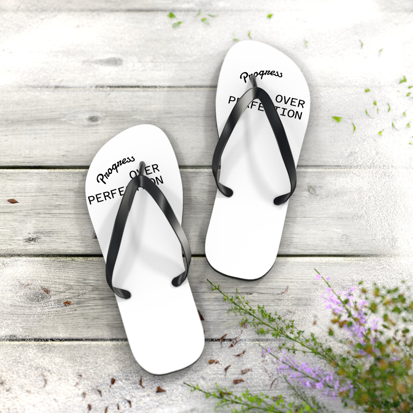 Flip Flops – “Progress Over Perfection” Beach Sandals – Inspirational Summer Footwear