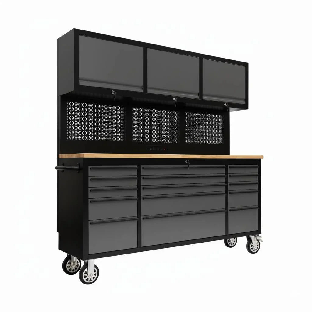 72 inch Rolling Tool Chest with Power Strip, Workbench, Upper Cabinets & Pegboard