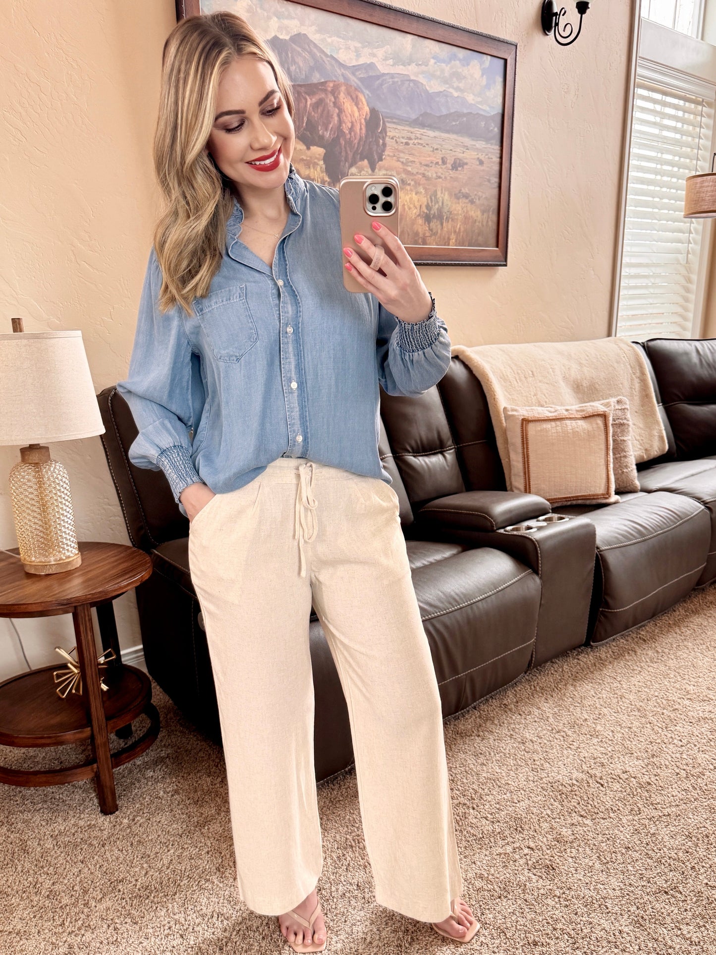 Smocked Sleeve Denim Button Down Top