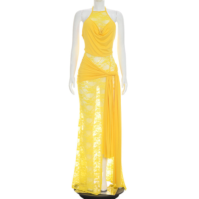 Women Clothing Summer Solid Color Lace Stitching Halter Swing Collar Slit Ribbon Maxi Dress