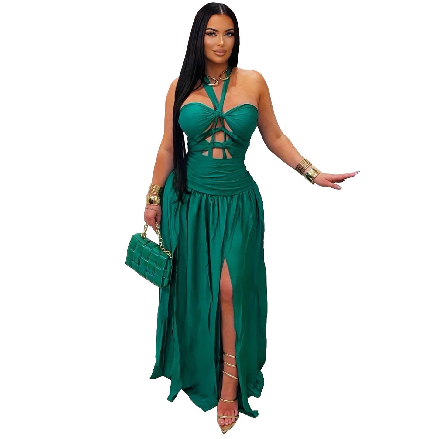 Popular Halter Cut out Lace up Party Evening Dress Satin Side Split Dress