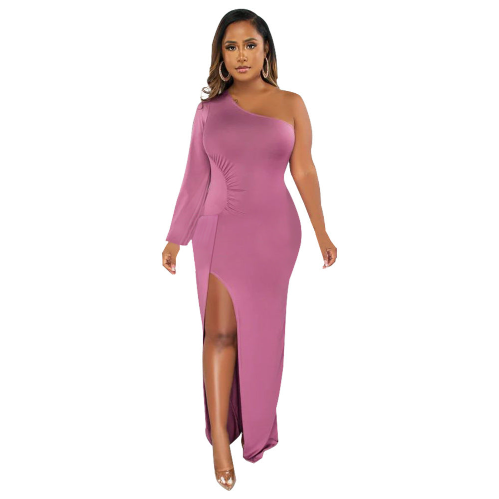 Supply Women Wear One Shoulder Lantern Sleeve Slim Fit Sexy Slit Dress