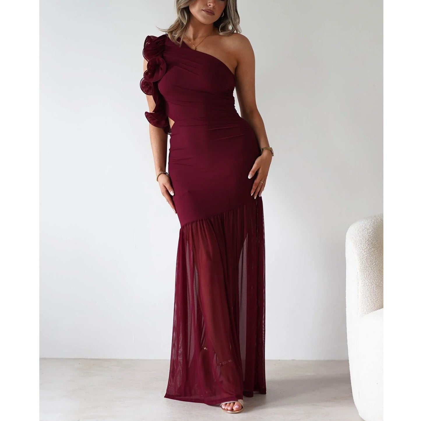 Autumn Winter Hollow Out Cutout out One Shoulder Ruffled Mesh Dress