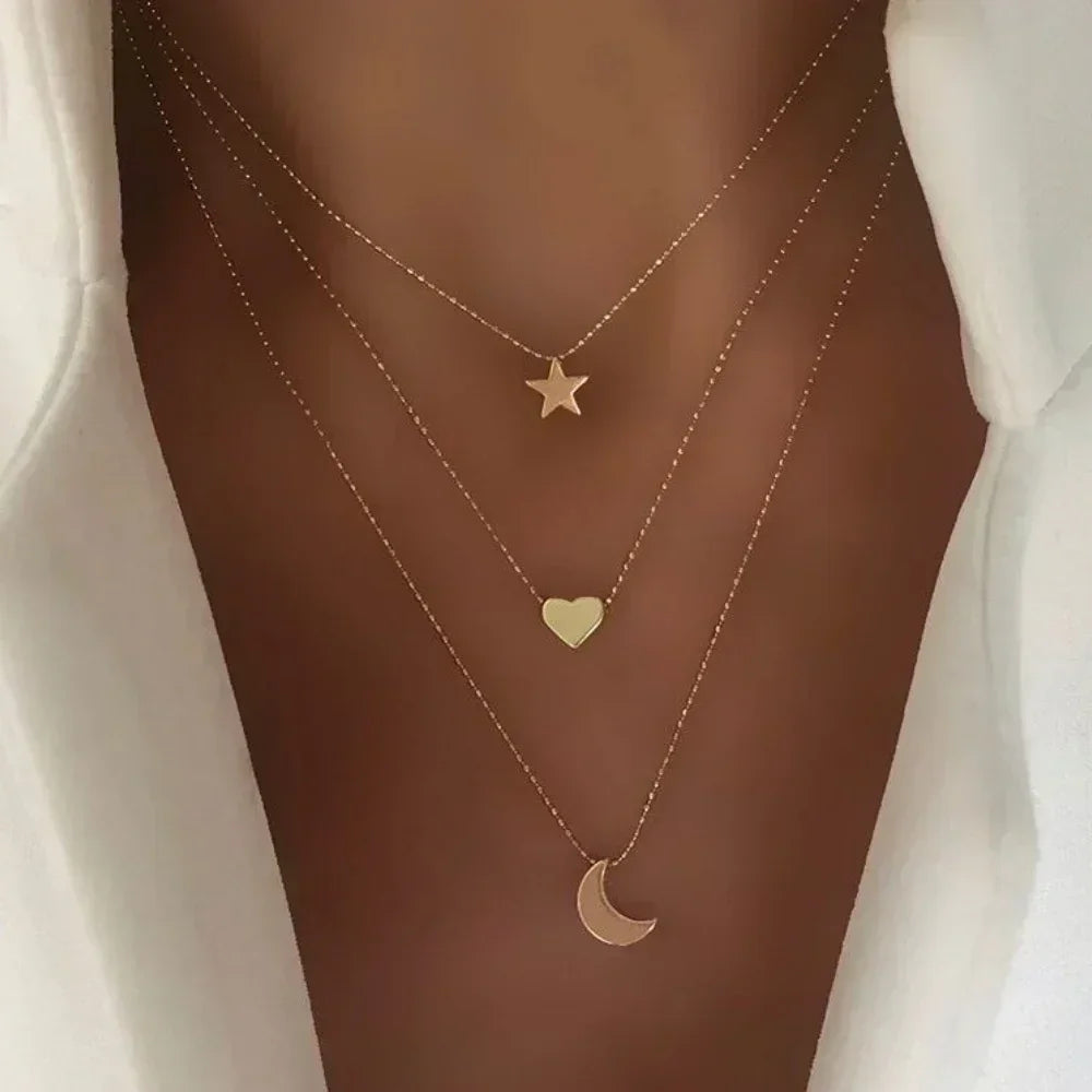 MEDFOLY 3pcs Gold Charm Necklace For Women Star Pearl Cross Pendant Neckalces Dainty 14K Gold Plated Summer Beach Jewelry Gifts