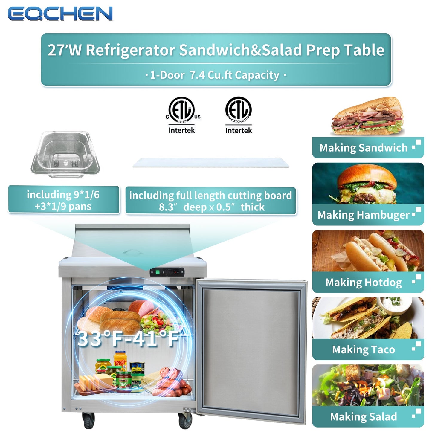 EQCHEN 27 Inch Mega Top Sandwich Prep Table Refrigerator