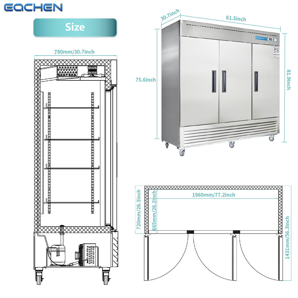 Commercial Reach in Freezer, 3 door 72 Cu.ft Stainless Steel Commercial Upright Freezer