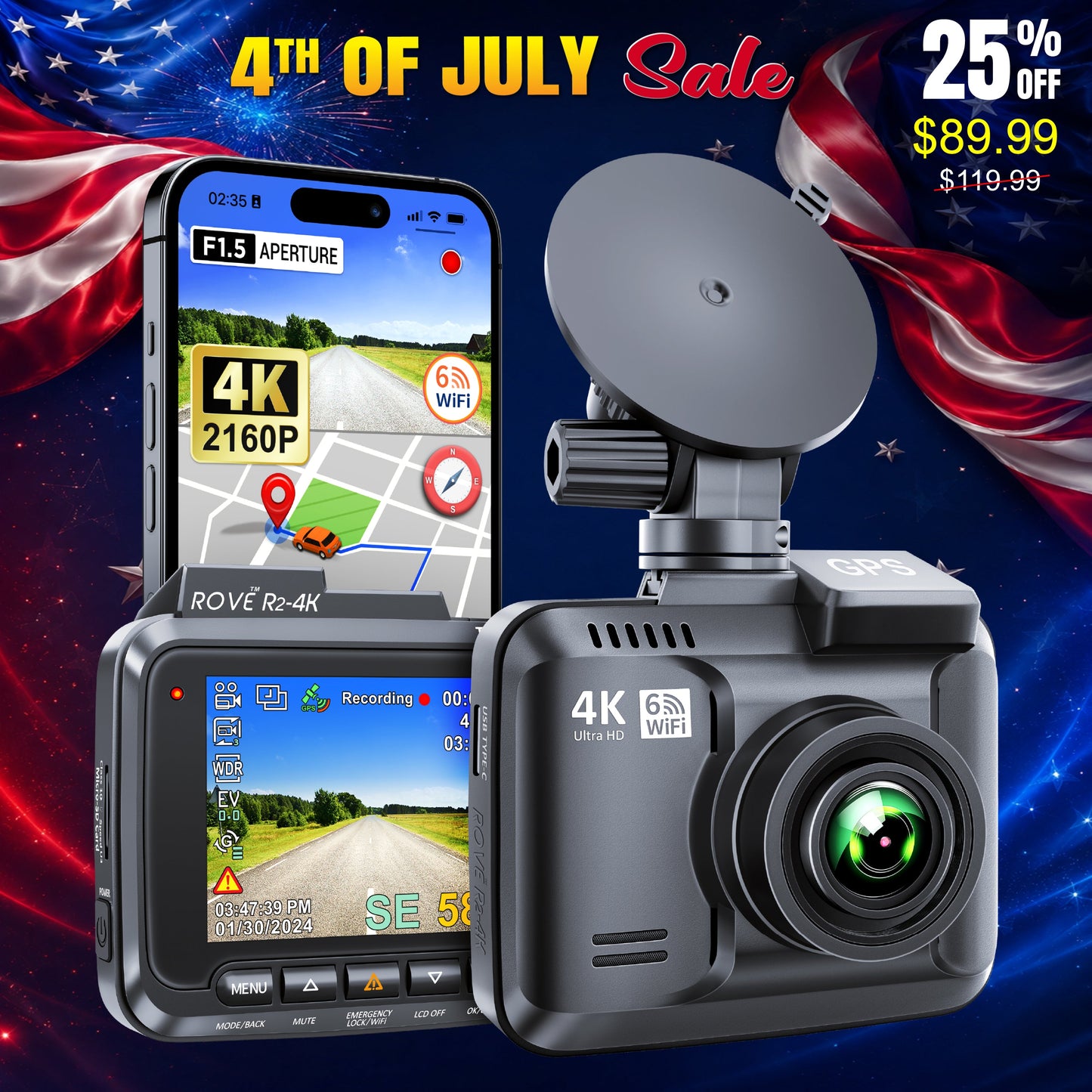 ROVE R2-4K Dash Cam 4K Ultra HD 2160P Car Dashboard Camera Built In Wi-Fi 6 & GPS
