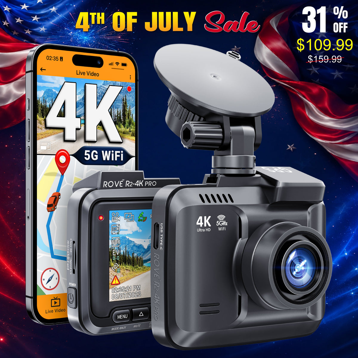 ROVE R2-4K PRO Dash Cam, Built-in GPS, 5G WiFi Dash Camera for Cars, 2160P UHD 30fps Dashcam with APP, 2.4" IPS Screen, Night Vision, WDR, 150° Wide Angle, 24-Hr Parking Mode, Supports 512GB Max