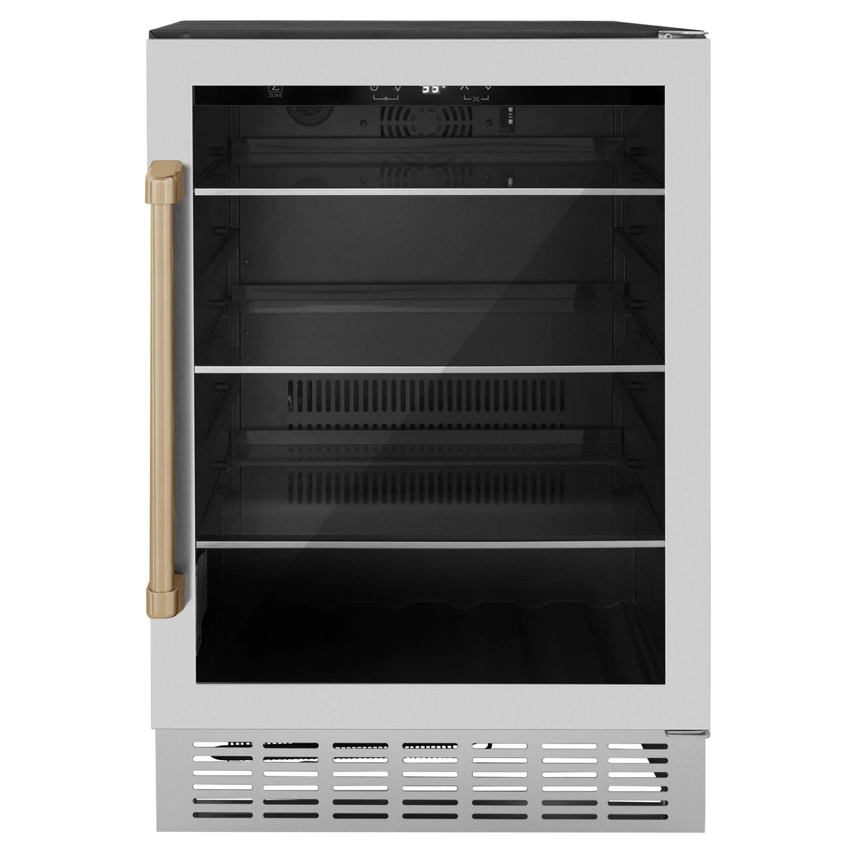 ZLINE 24" Autograph 154 Can Beverage Cooler Fridge with Adjustable Shelves in Stainless Steel with Champagne Bronze Accents RBVZ-US-24-CB