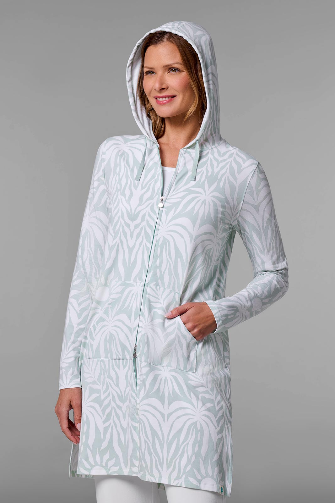 Cabana | Women's Long Zip-Up Hoodie | Misty Aqua American Palm