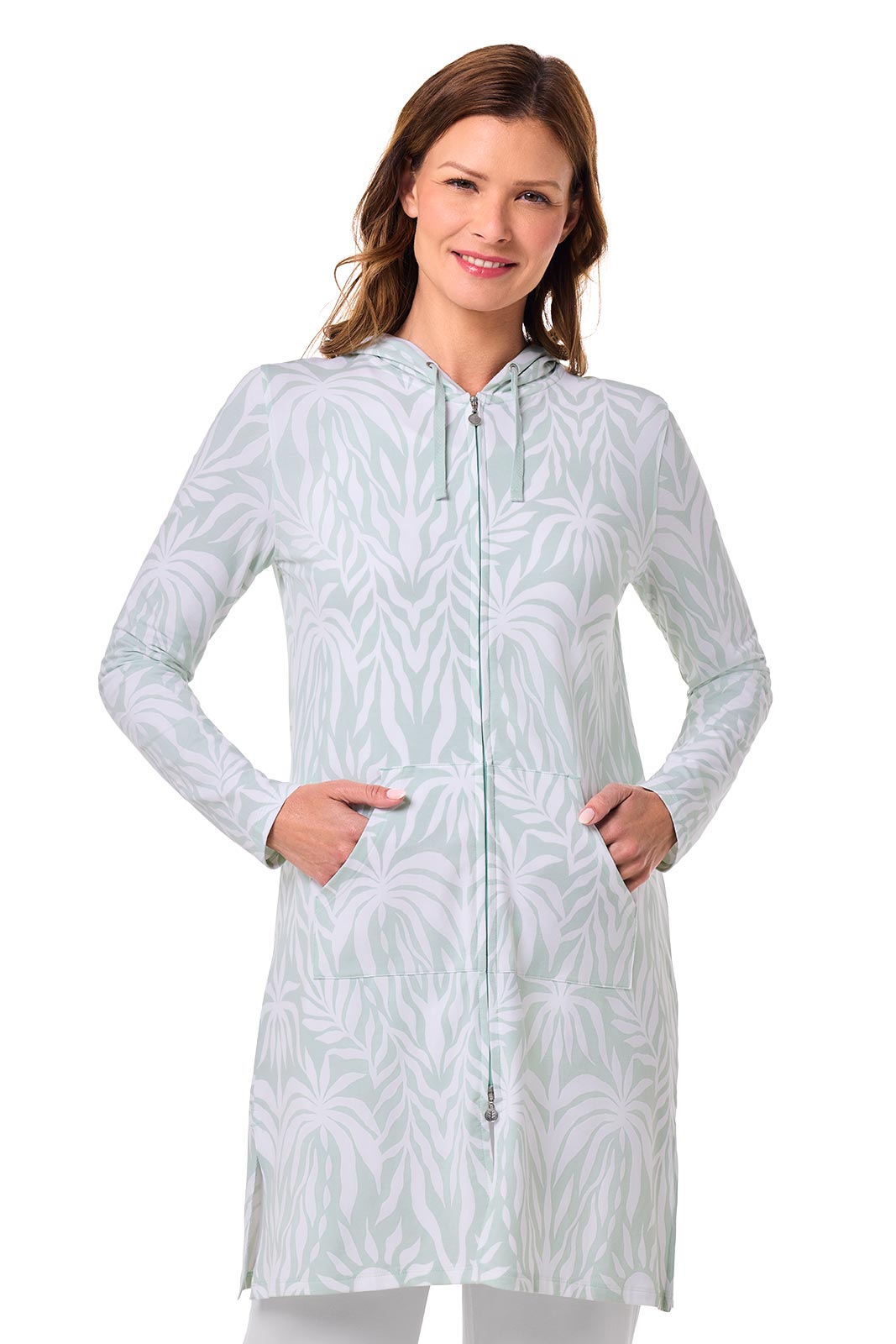Cabana | Women's Long Zip-Up Hoodie | Misty Aqua American Palm