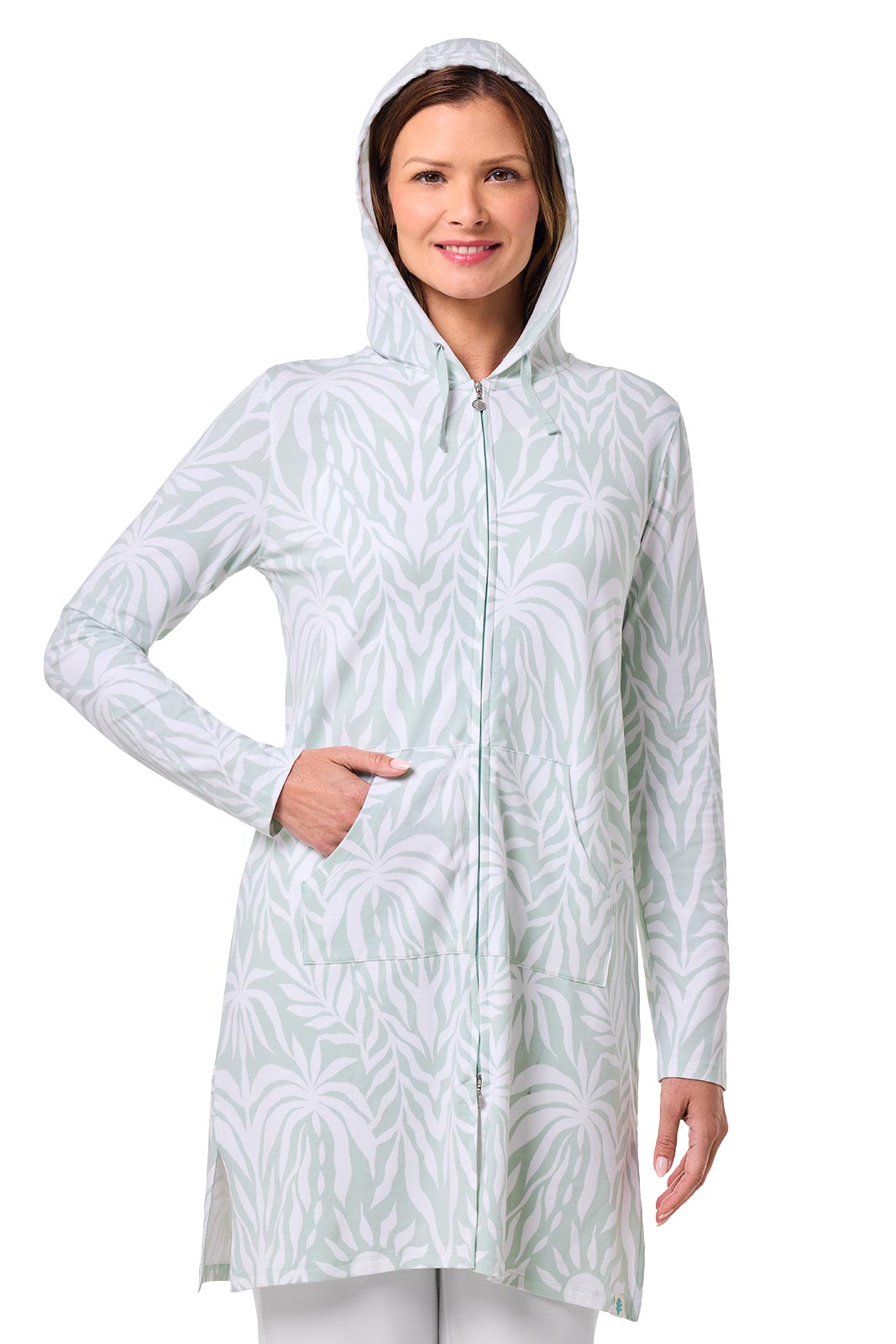 Cabana | Women's Long Zip-Up Hoodie | Misty Aqua American Palm