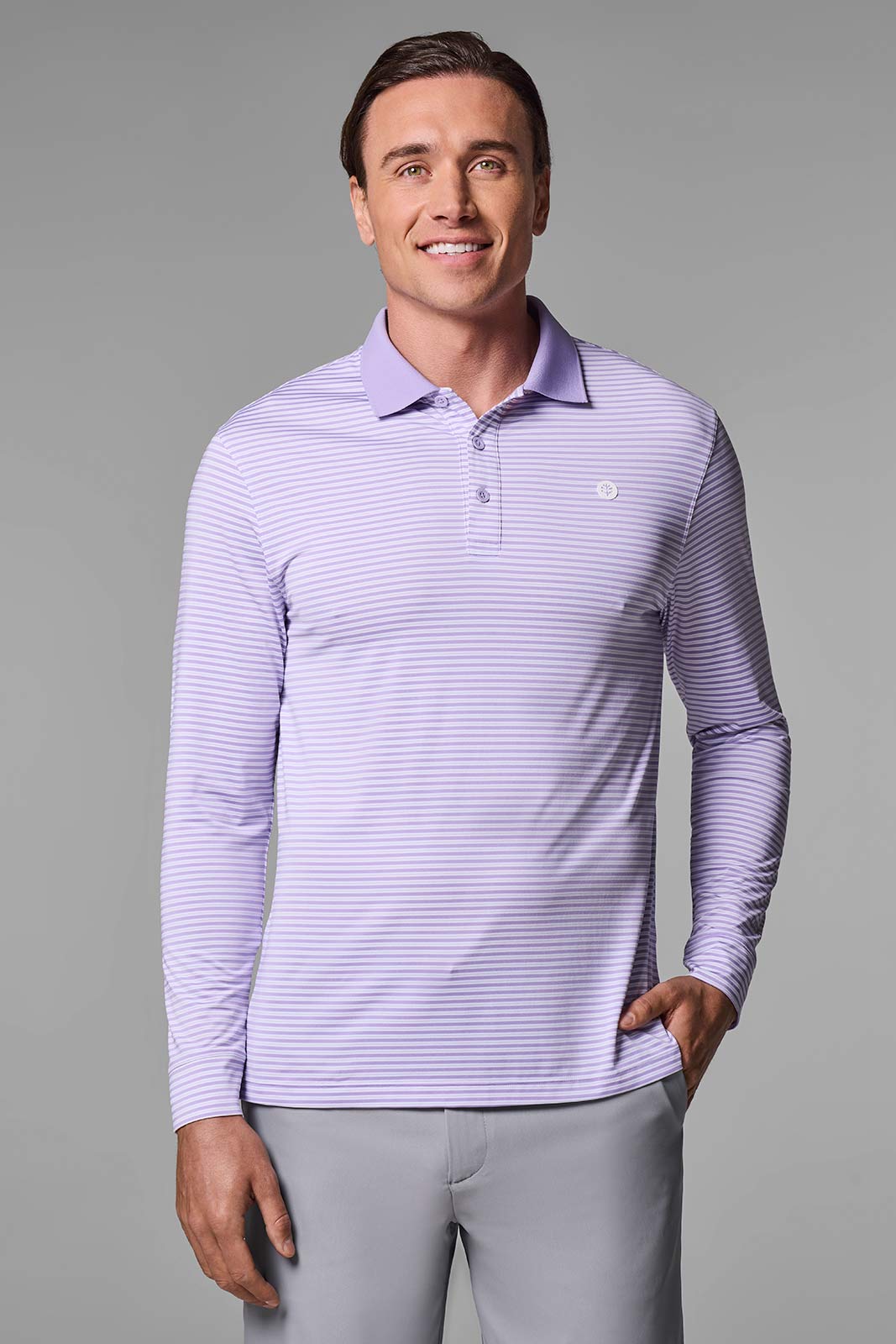 Erodym | Men's Long Sleeve Sports Polo | Lavendula/White Stripe