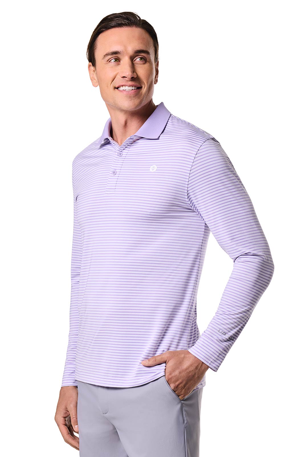 Erodym | Men's Long Sleeve Sports Polo | Lavendula/White Stripe