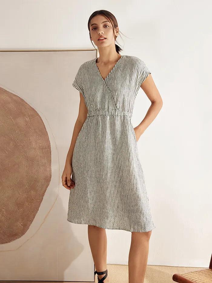 100% Linen Striped Elastic-Waist Mini Dress ARIA
