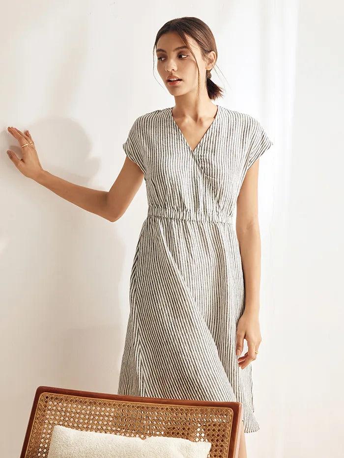 100% Linen Striped Elastic-Waist Mini Dress ARIA