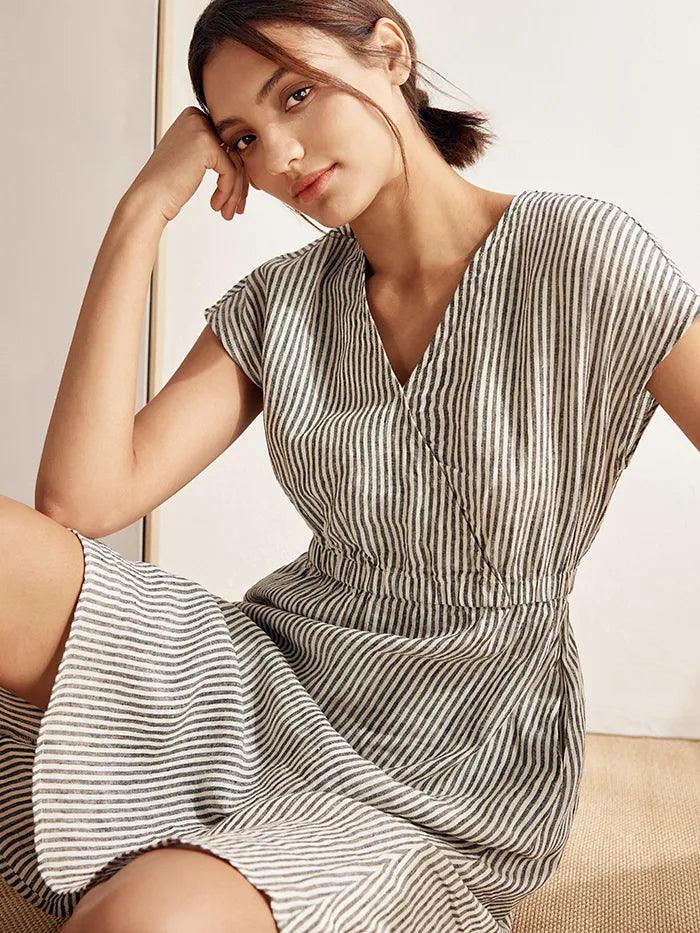 100% Linen Striped Elastic-Waist Mini Dress ARIA