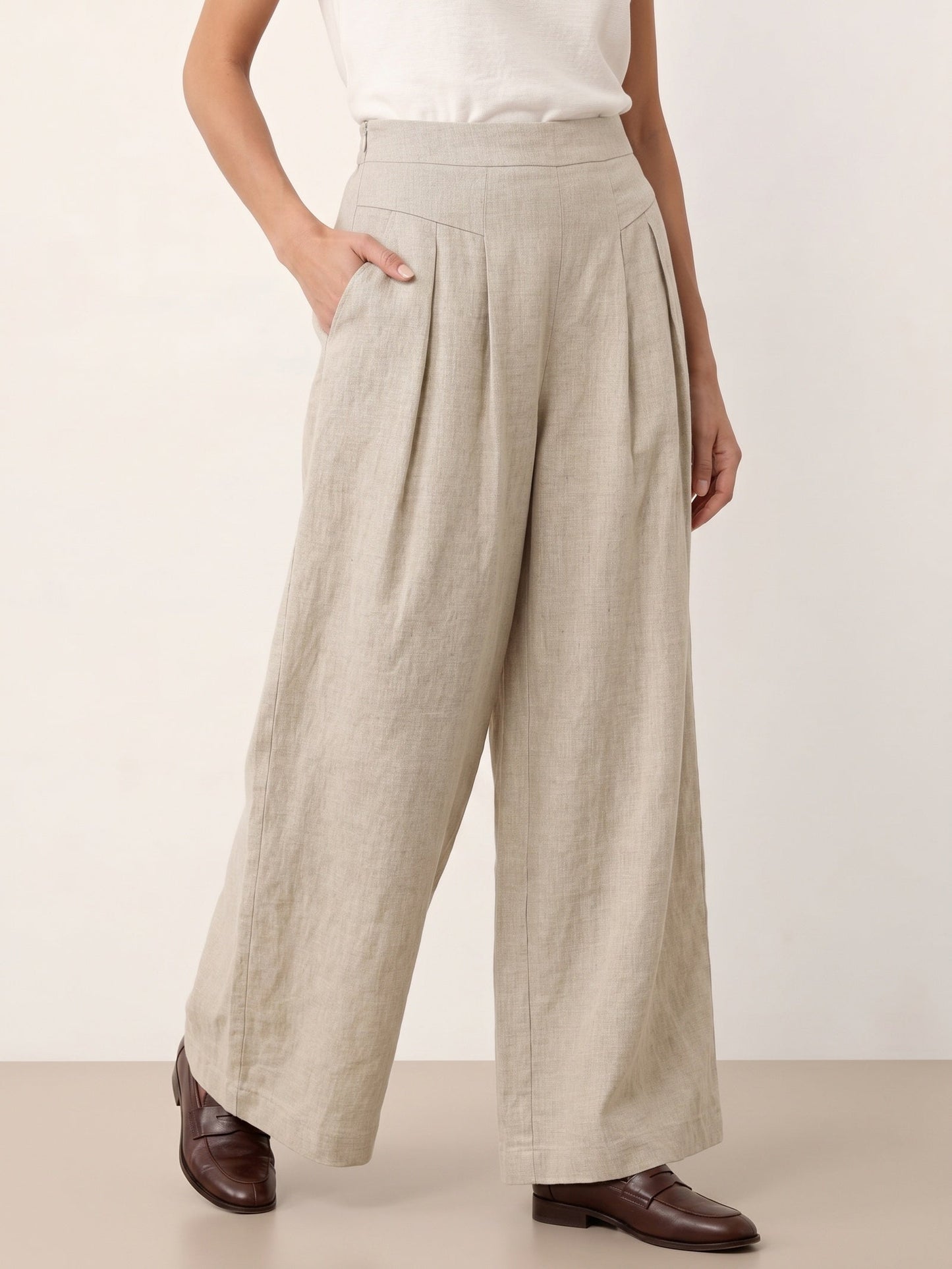 100% Linen Pleated Waist Wide Leg Pants LOUISA