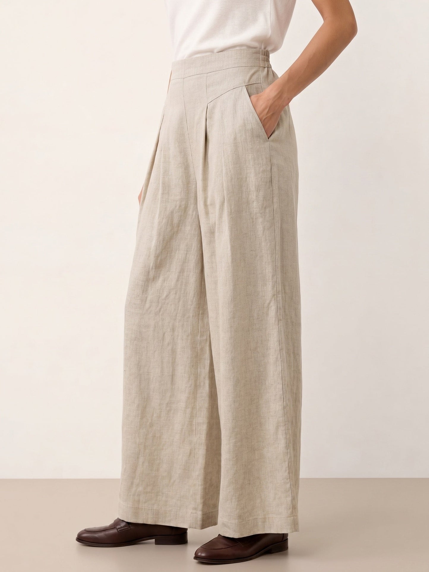 100% Linen Pleated Waist Wide Leg Pants LOUISA