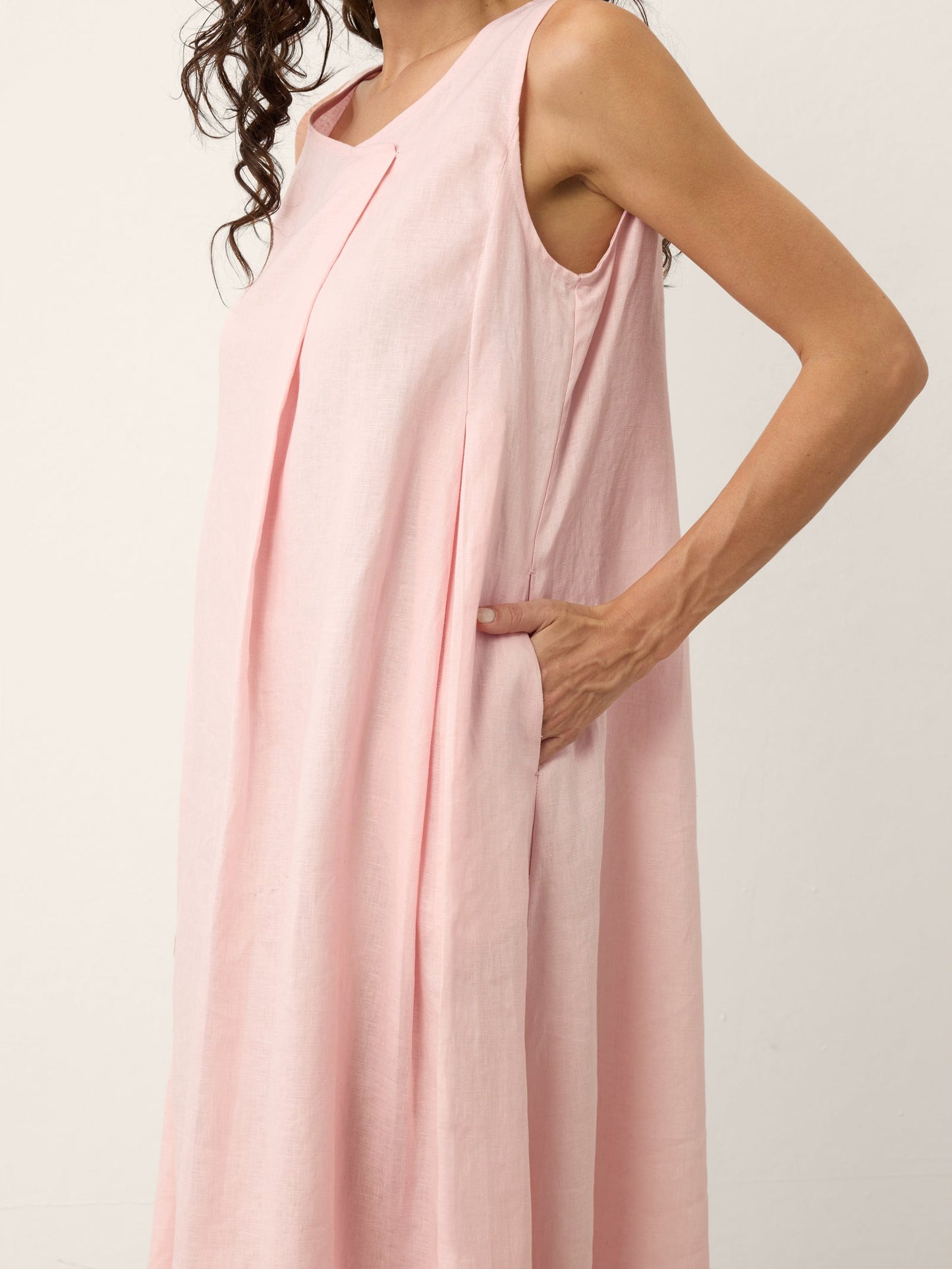 100% Linen Asymmetric Pleat A-Line Midi Dress KARINA