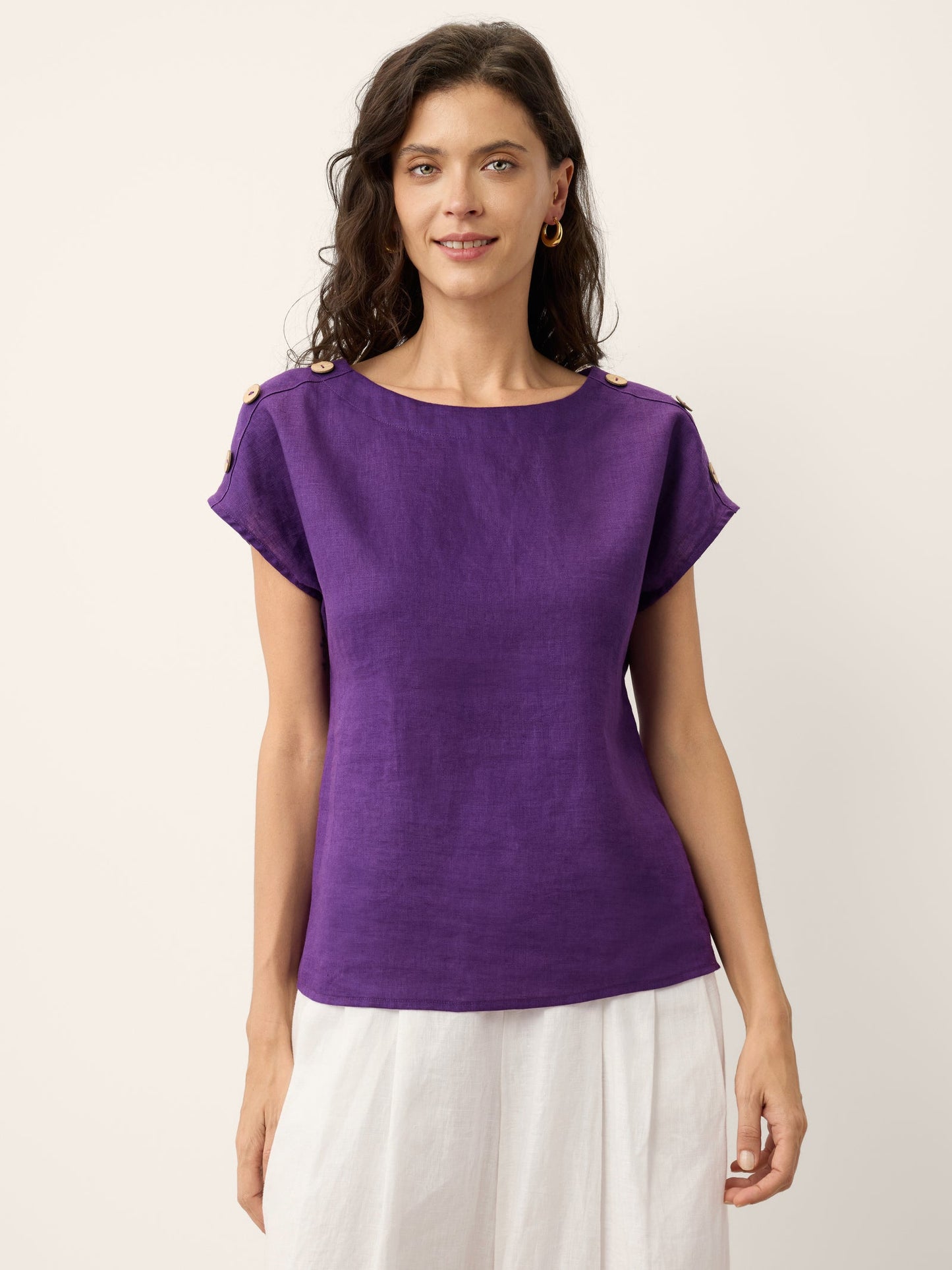 100% Linen Round Neck Button Detail Top ISABELLE