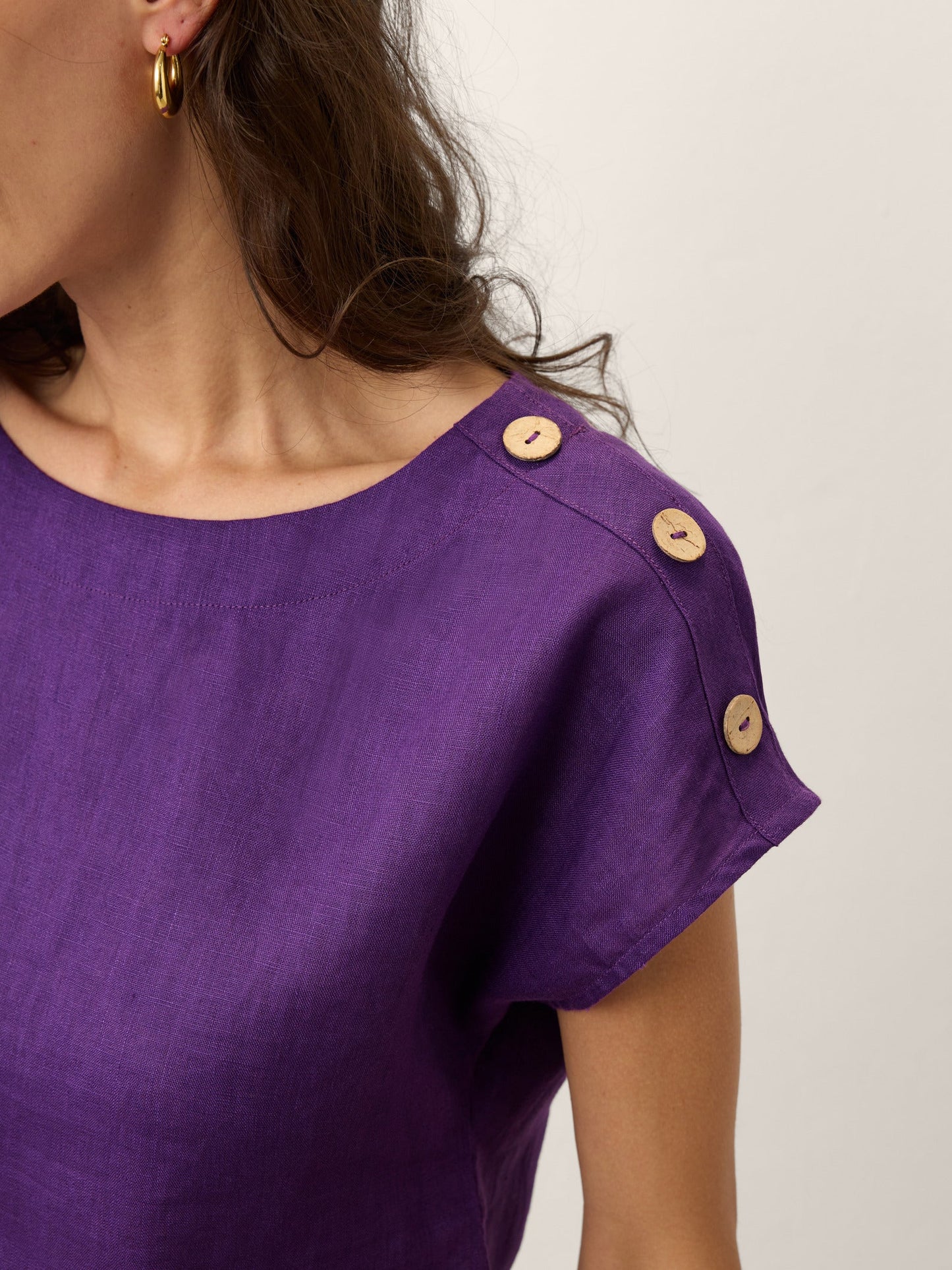 100% Linen Round Neck Button Detail Top ISABELLE
