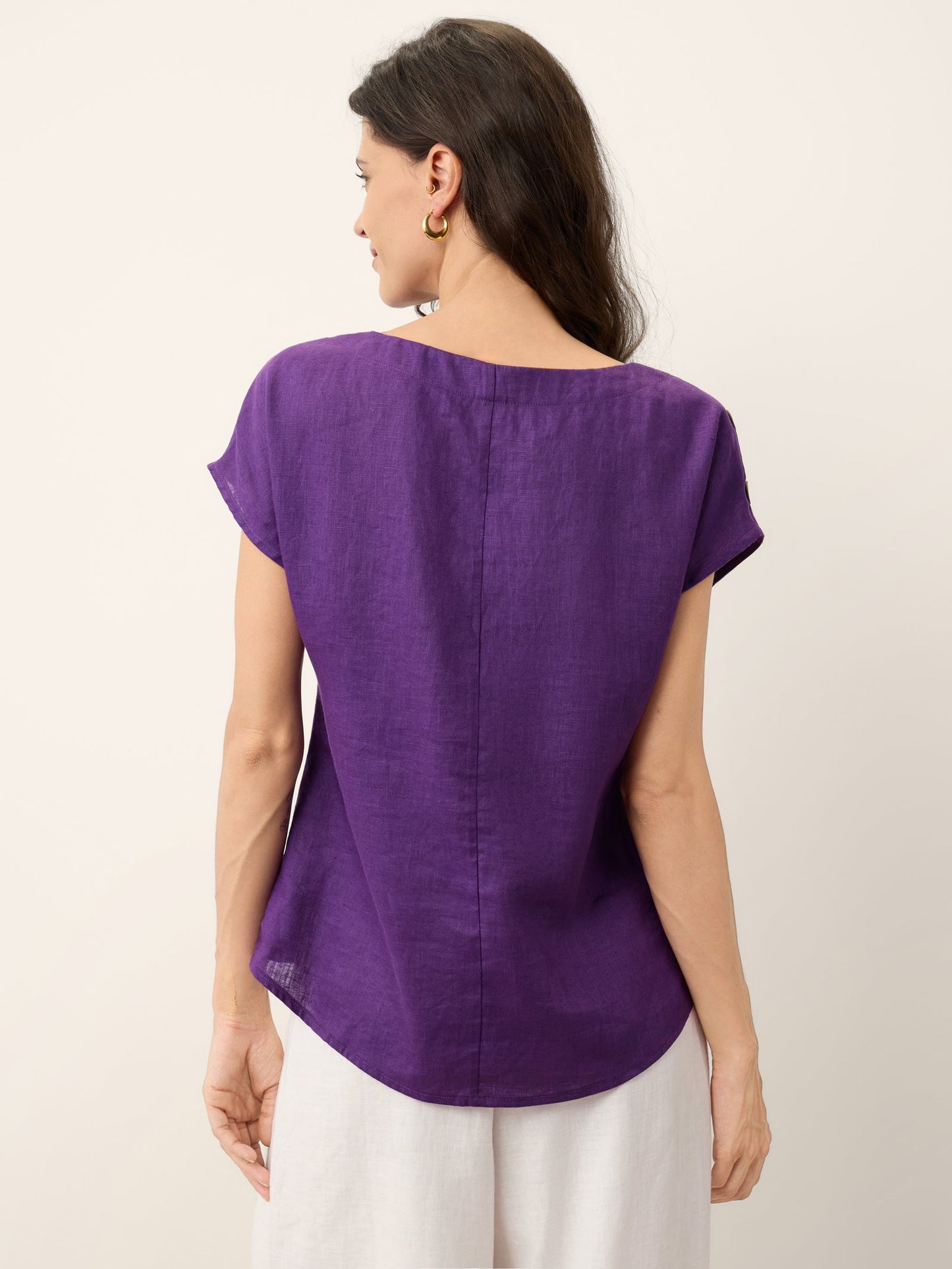 100% Linen Round Neck Button Detail Top ISABELLE