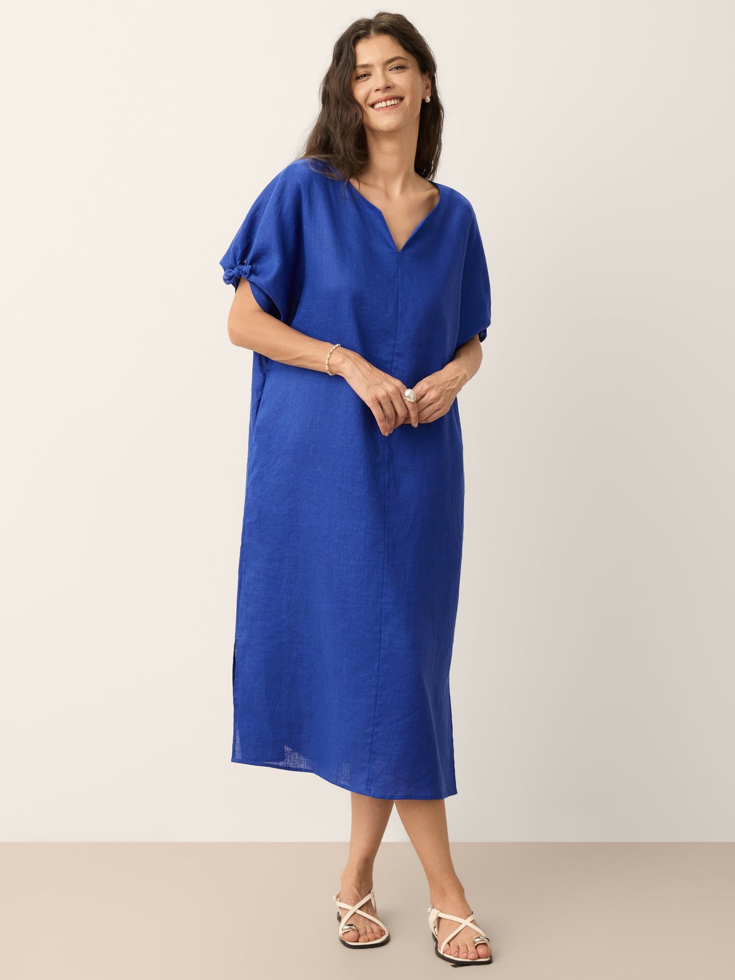 100% Linen Bow-Tie Cuff Split-Hem Midi Dress JESSAMINE