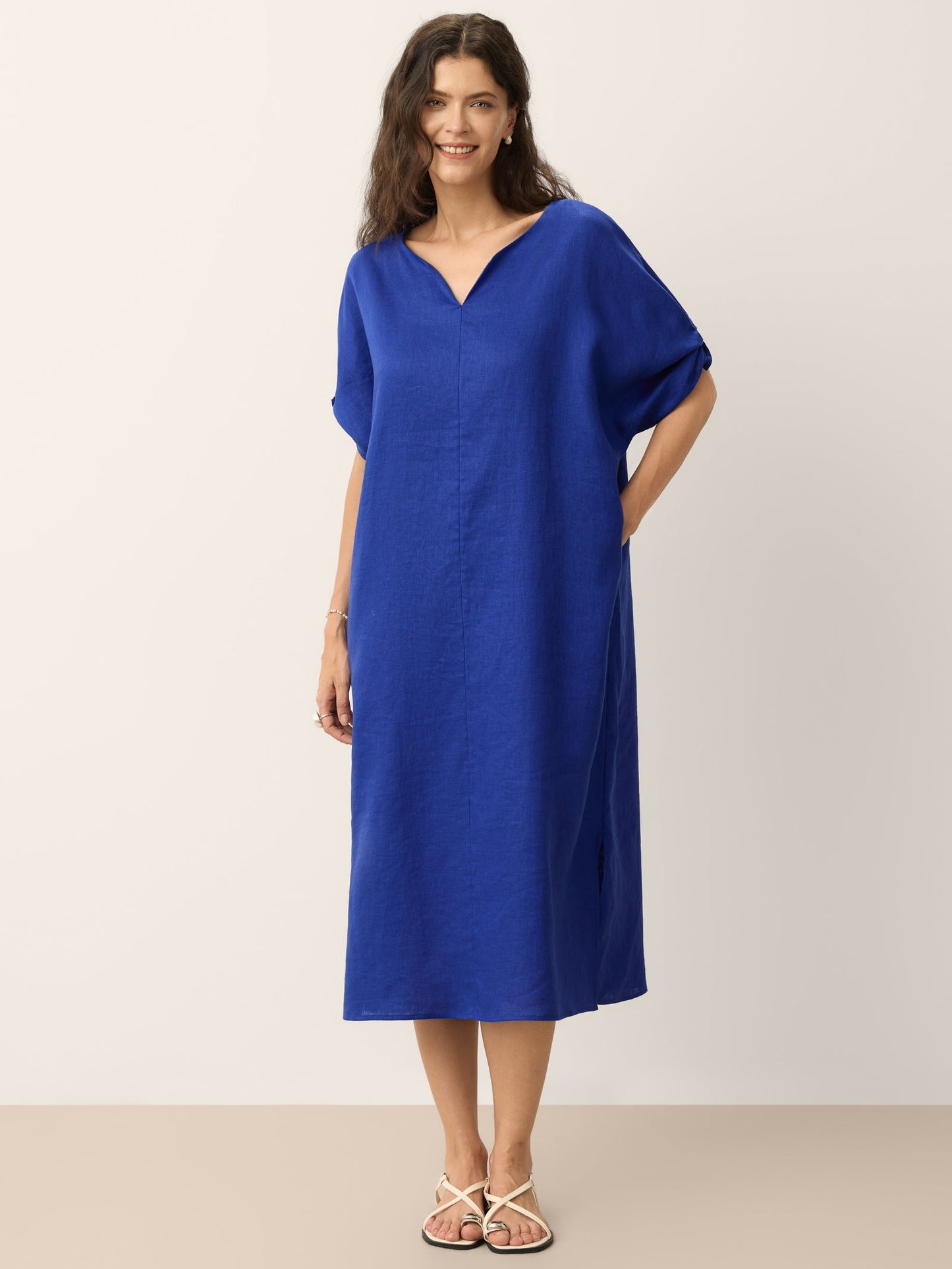 100% Linen Bow-Tie Cuff Split-Hem Midi Dress JESSAMINE