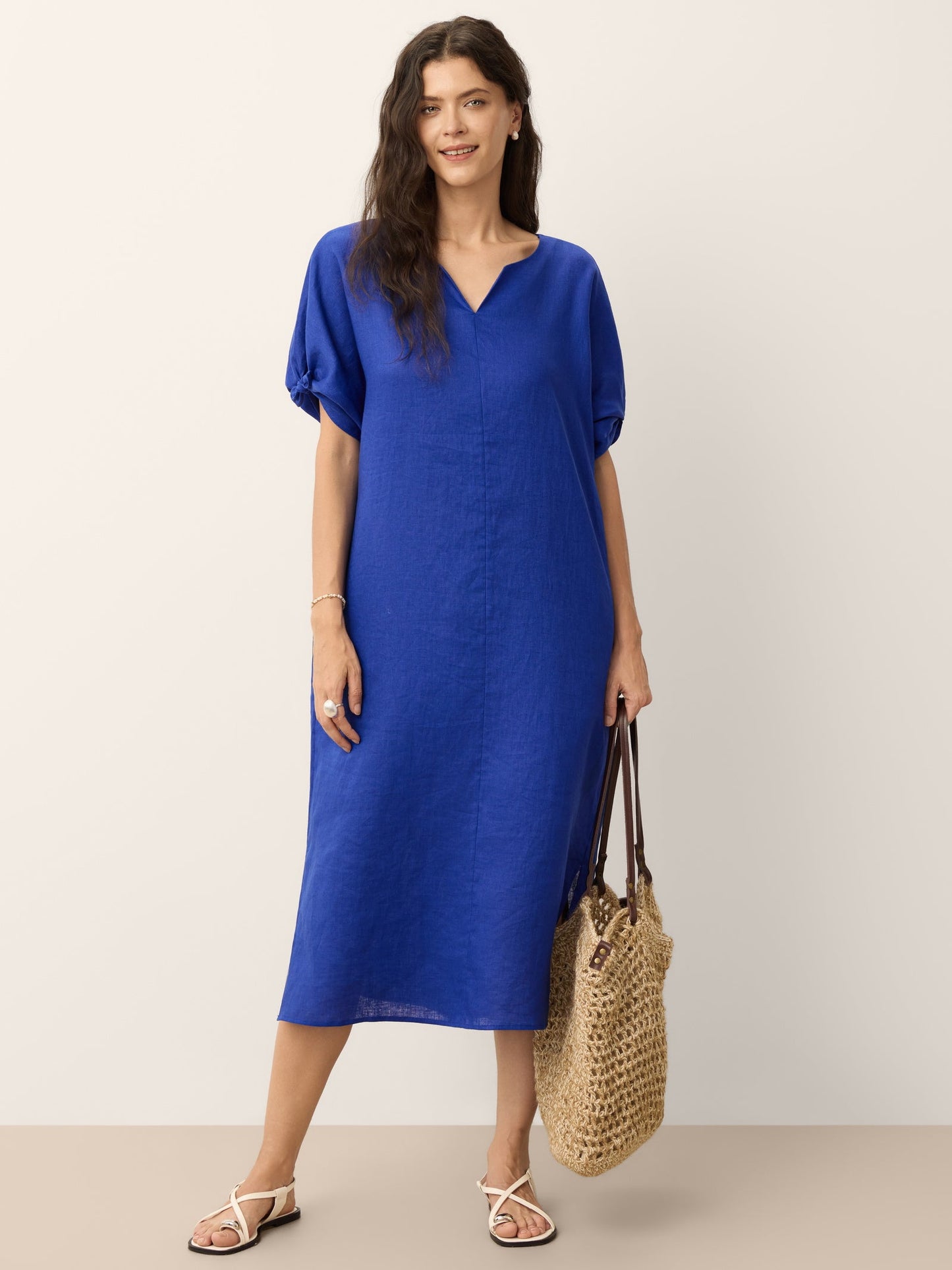 100% Linen Bow-Tie Cuff Split-Hem Midi Dress JESSAMINE