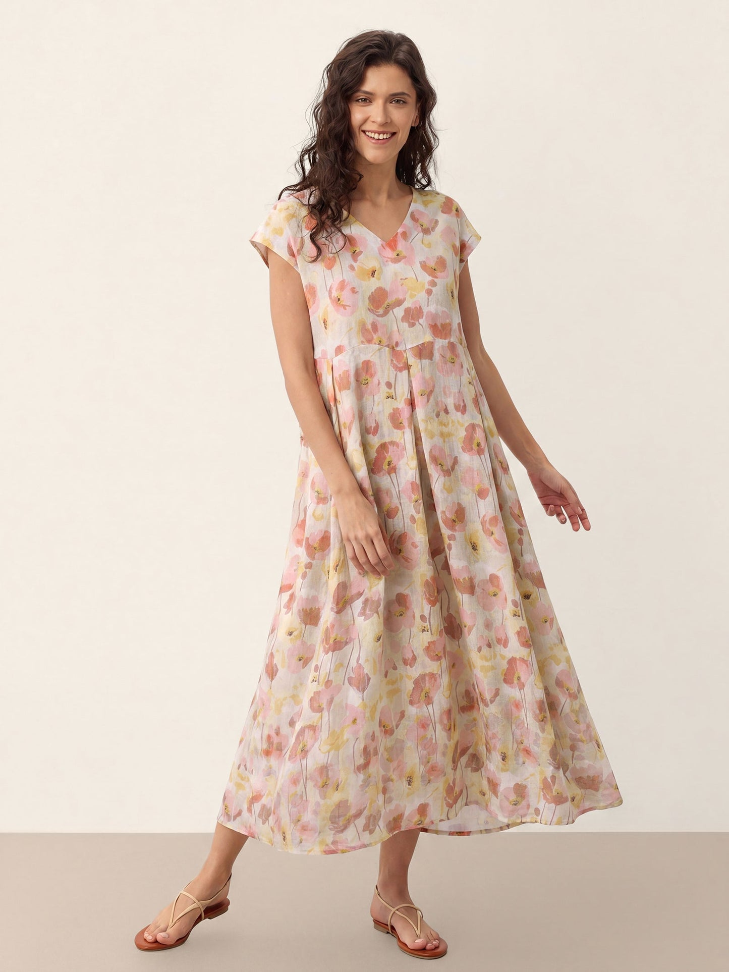 100% Linen Carnation Print Scalloped Waist Maxi Dress HARRIET