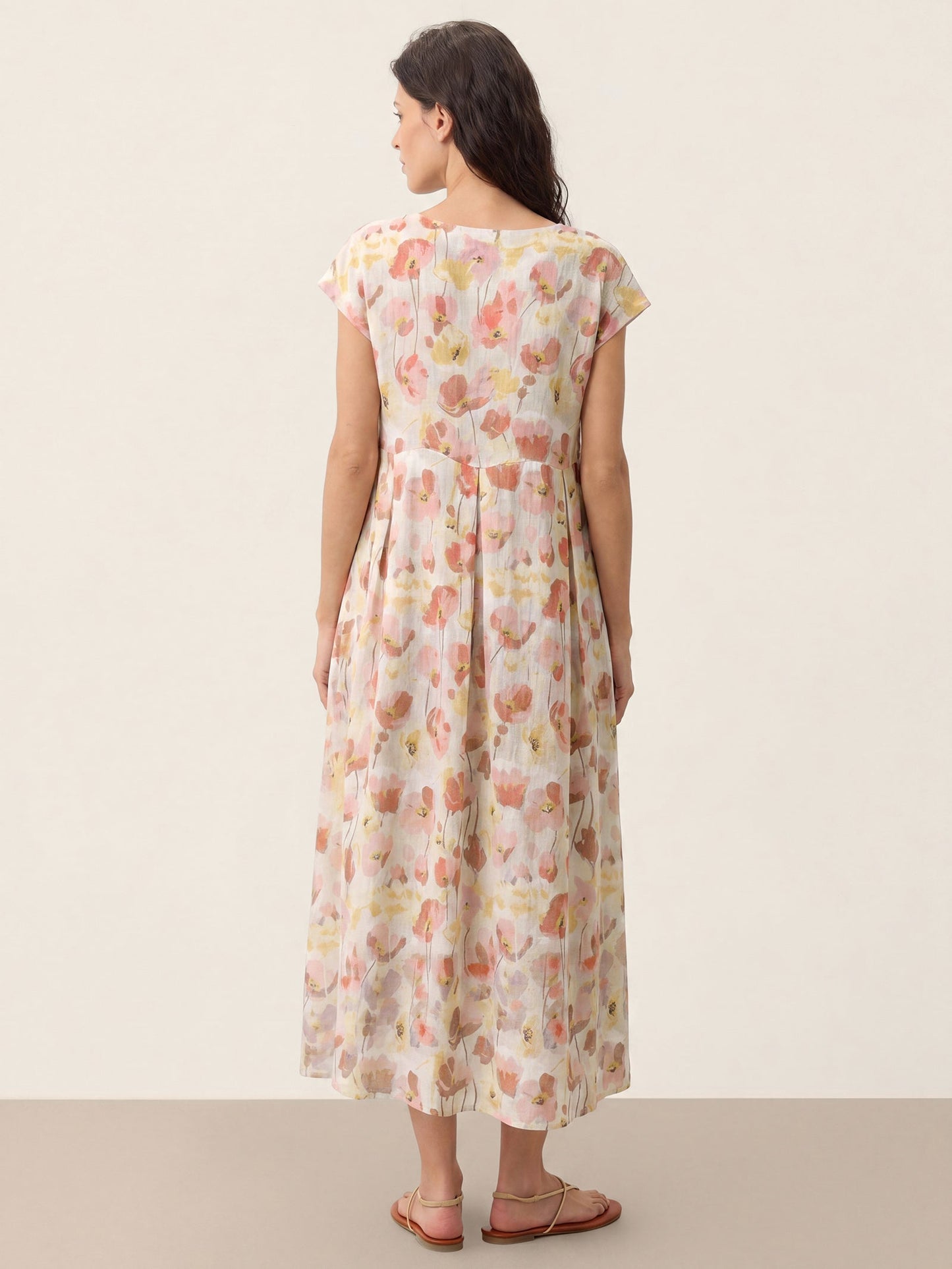 100% Linen Carnation Print Scalloped Waist Maxi Dress HARRIET