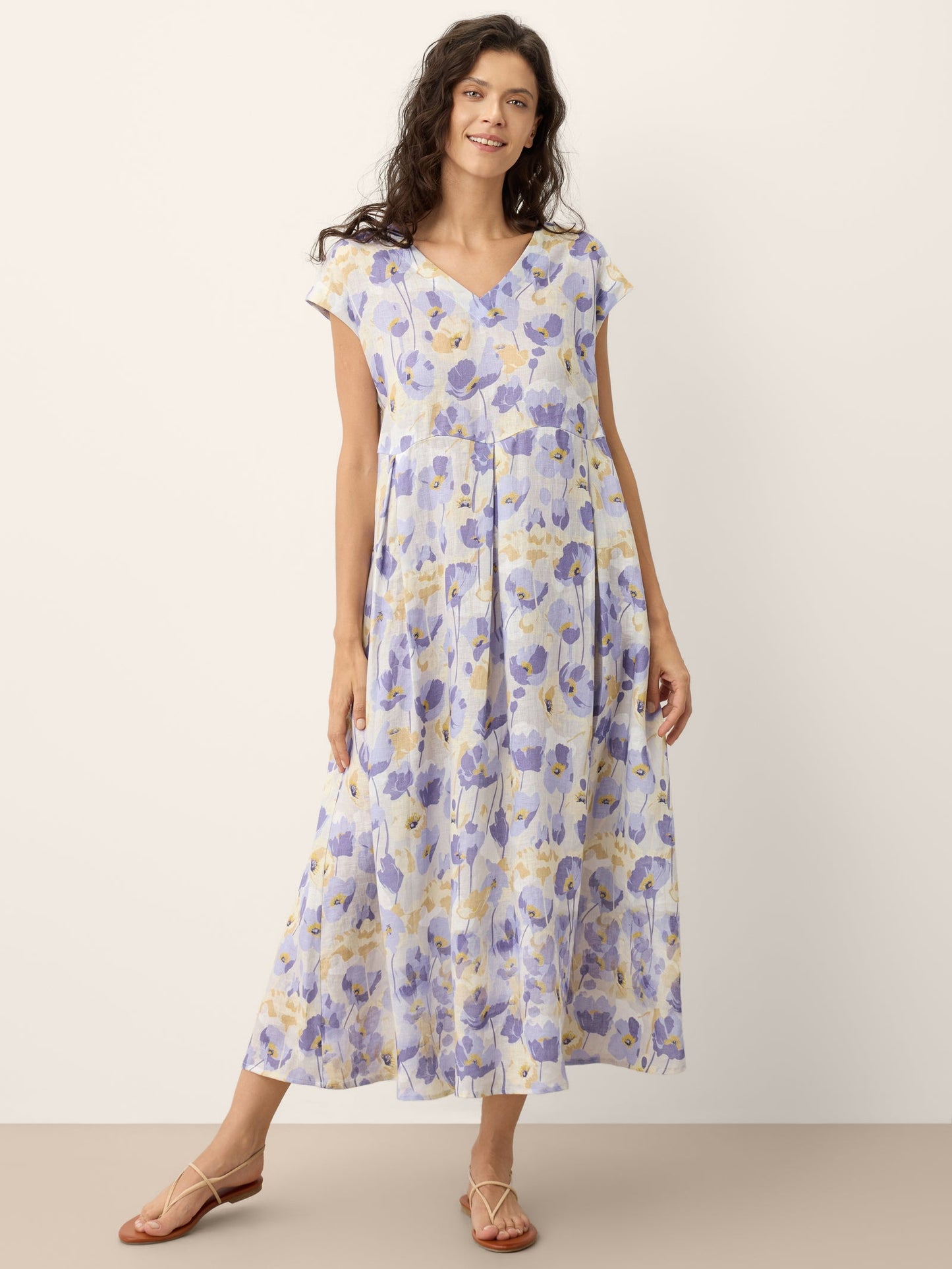 100% Linen Carnation Print Scalloped Waist Maxi Dress HARRIET