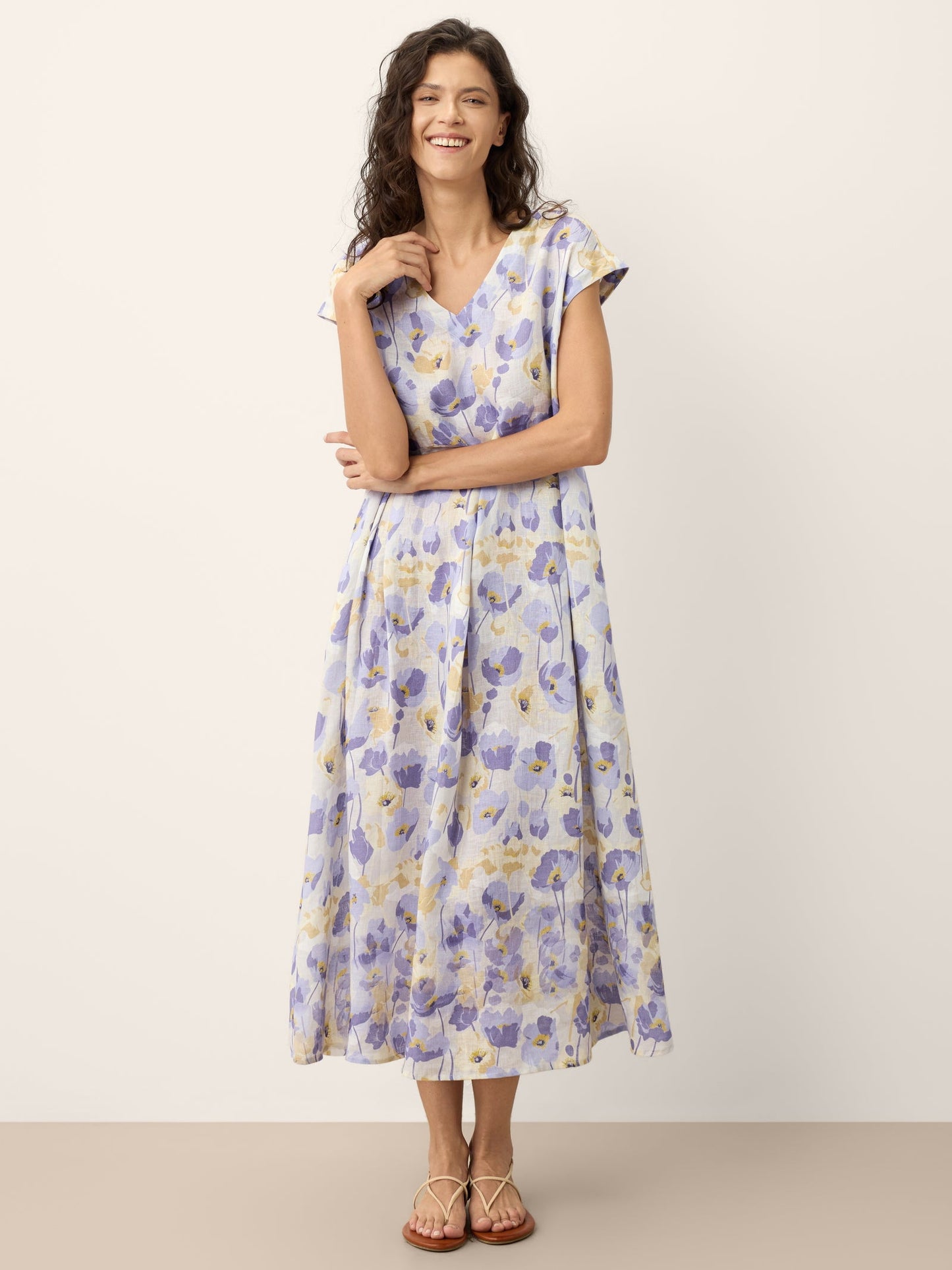 100% Linen Carnation Print Scalloped Waist Maxi Dress HARRIET