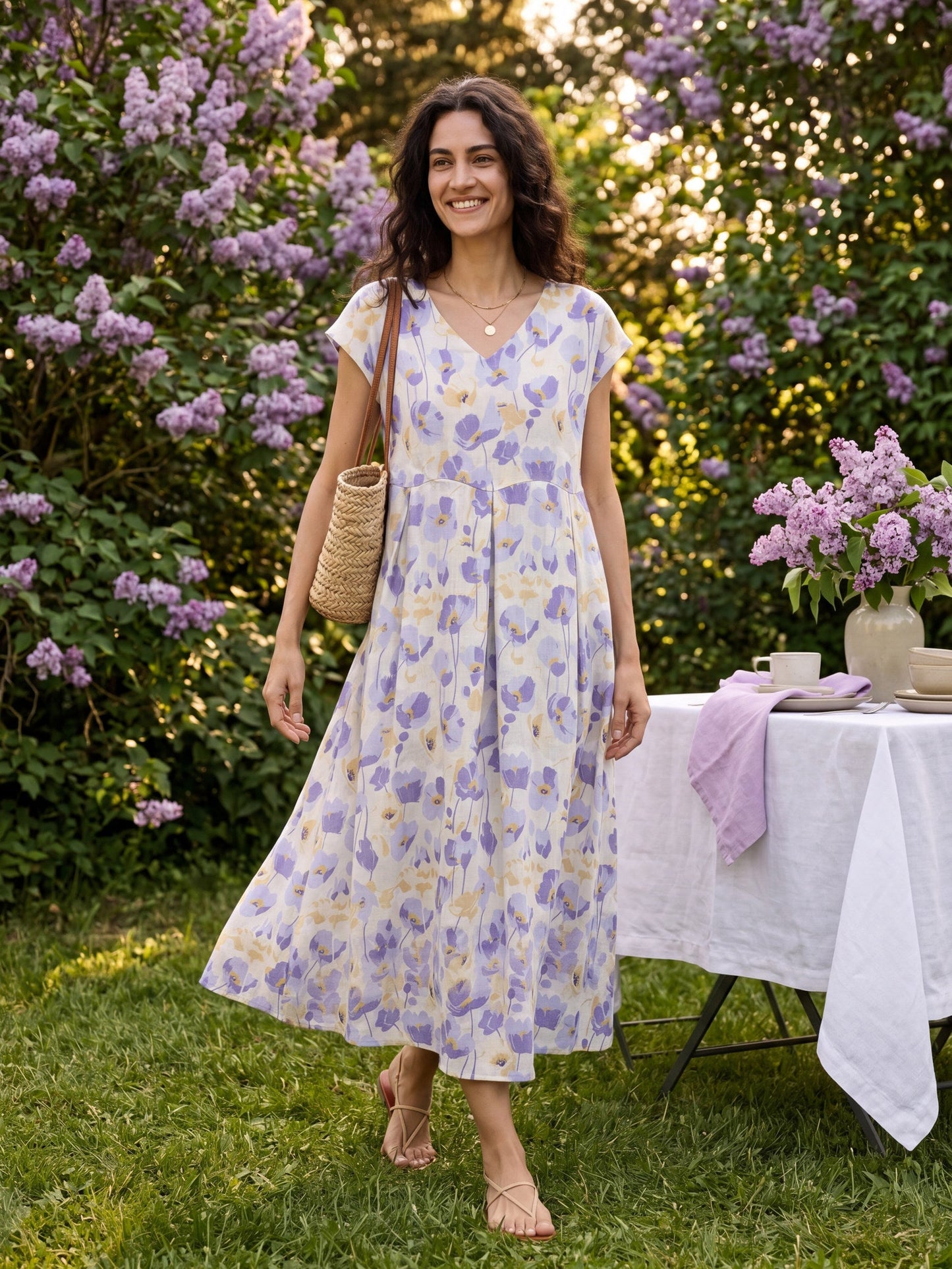 100% Linen Carnation Print Scalloped Waist Maxi Dress HARRIET