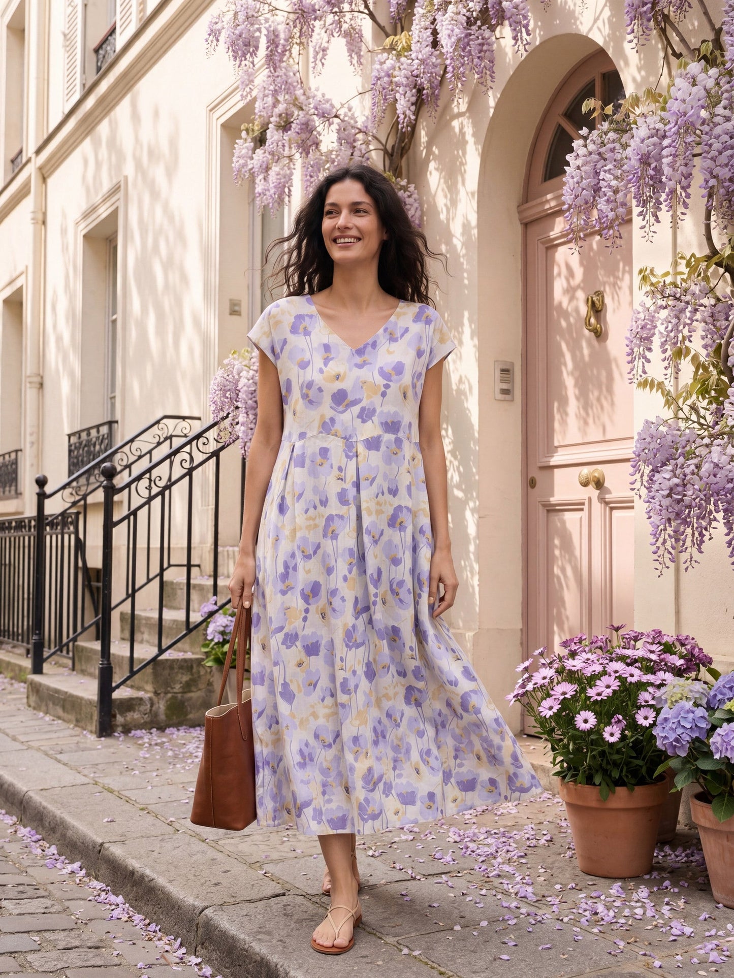 100% Linen Carnation Print Scalloped Waist Maxi Dress HARRIET