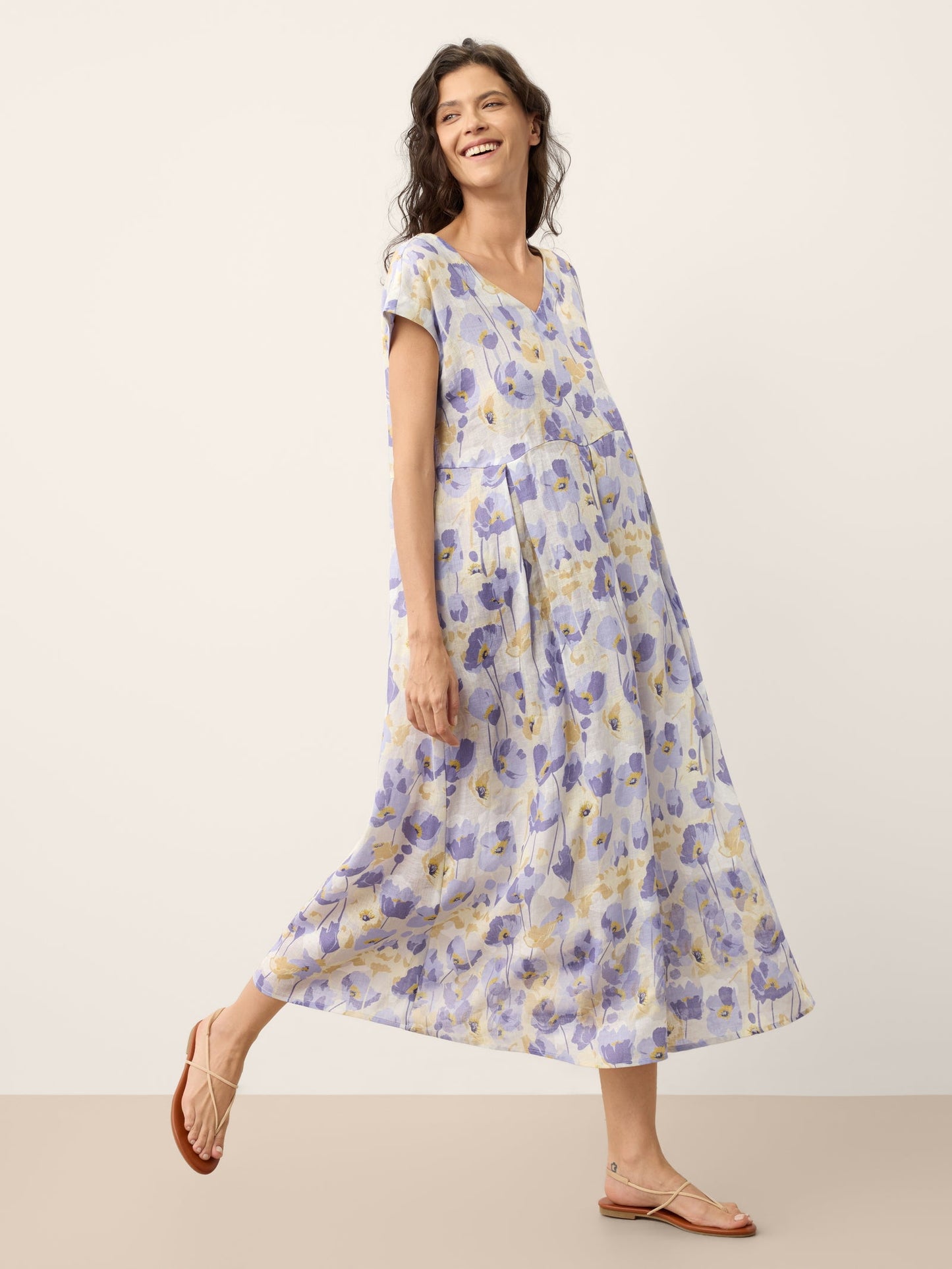 100% Linen Carnation Print Scalloped Waist Maxi Dress HARRIET
