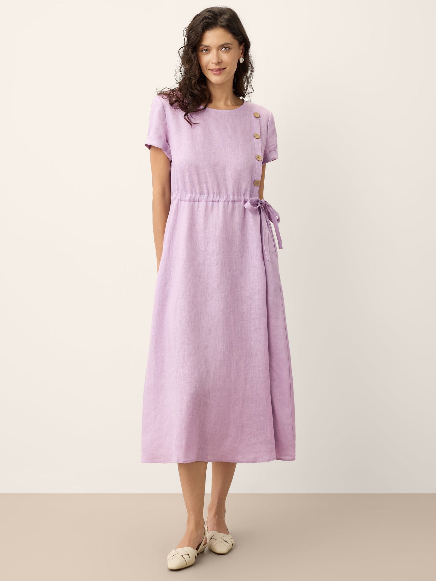 100% Linen Drawstring Waist Button Detail Midi Dress SENNA