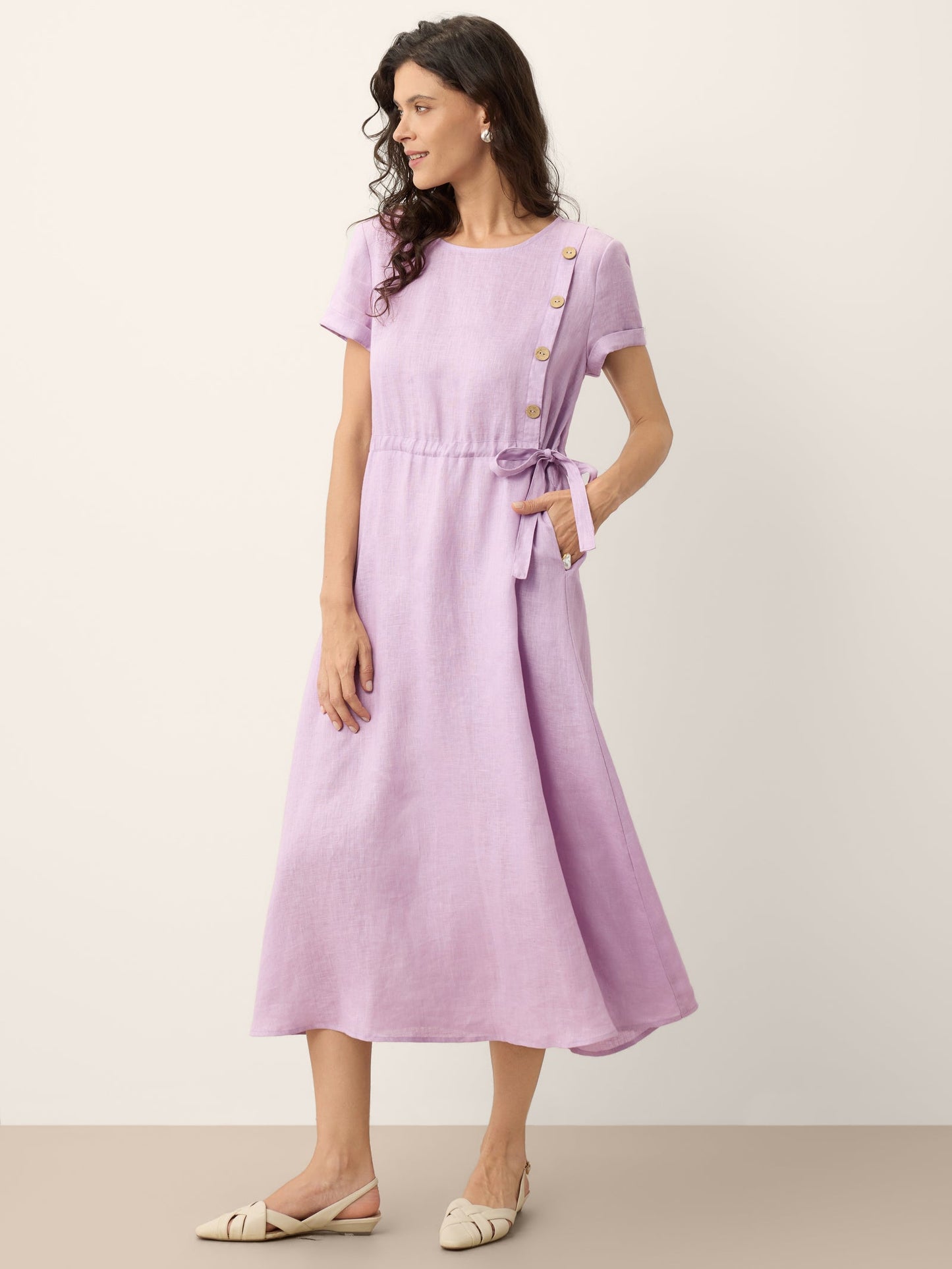 100% Linen Drawstring Waist Button Detail Midi Dress SENNA