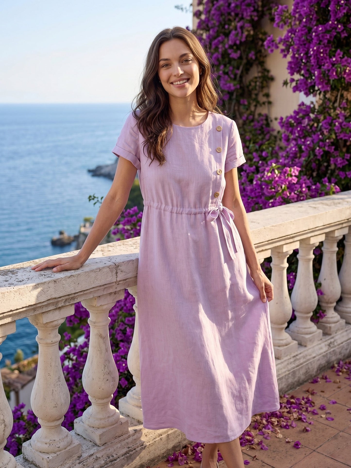100% Linen Drawstring Waist Button Detail Midi Dress SENNA